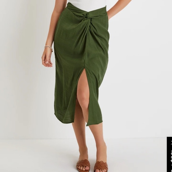 Lulus Sunny Day Memories Olive Green Twist-Front Midi Skirt - Picture 1 of 4